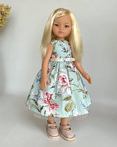Платье на куклу Paola Reina 33 см, бирюзовое, с цветами, +ПОЯСОК
